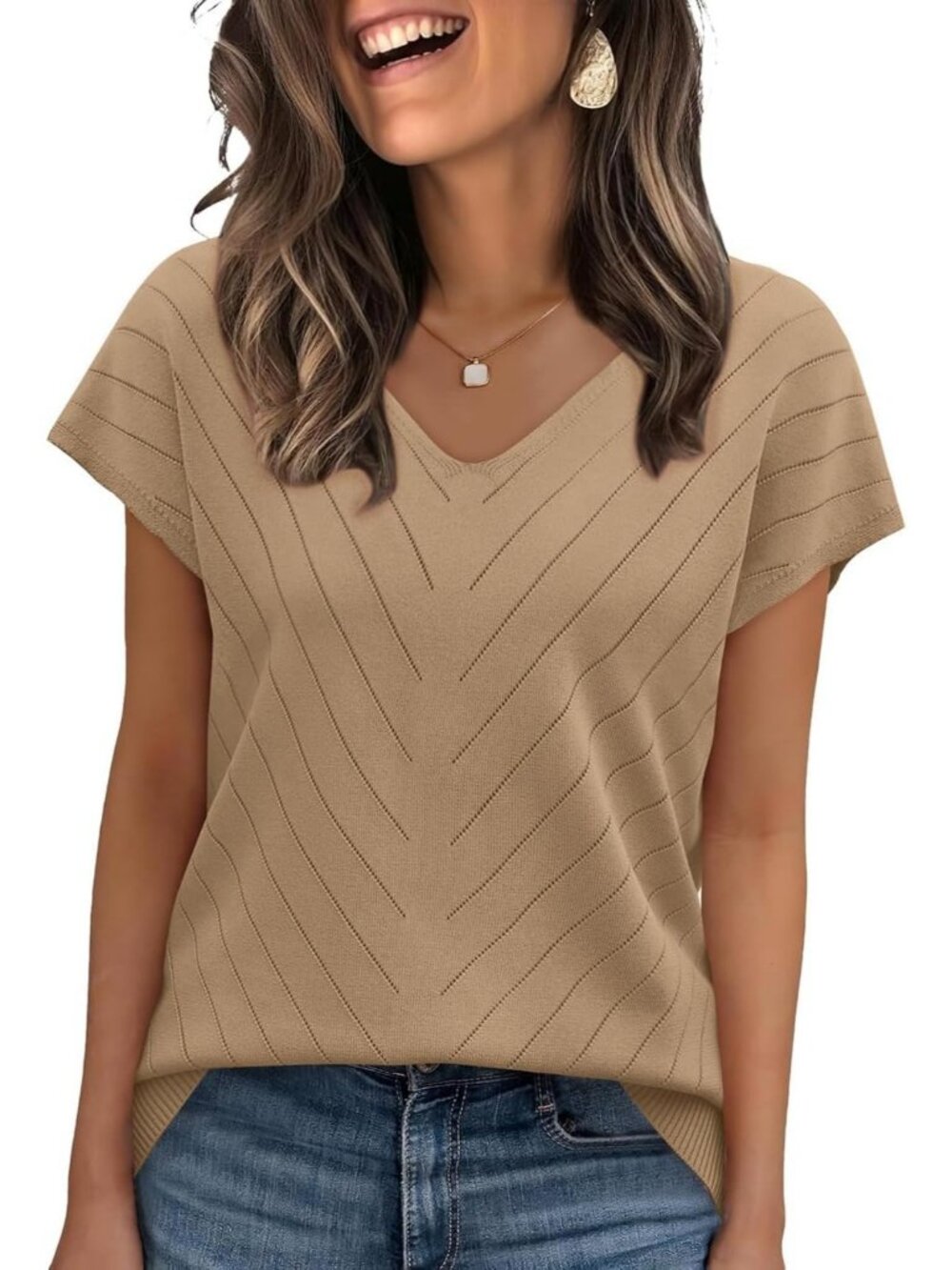 Women's Coffee Trendy Summer Tops Sweater Pullover V-Neck Pull On Short Sleeve